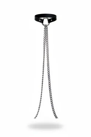 Black Faux Leather O-Ring Choker with Dual Draped Chains