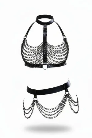 Black Women's Belt Leather Chain Detailed Body Accessory - APFT438