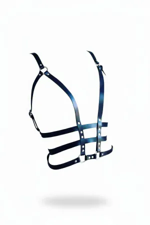 Black Faux Leather Caged Chest Harness with Silver O-Rings