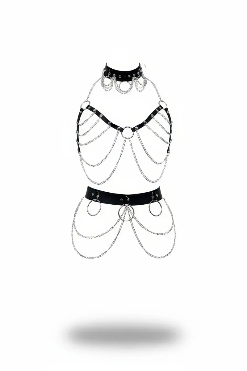 Black Faux Leather Body Harness Chain Skirt Set O-Ring Details