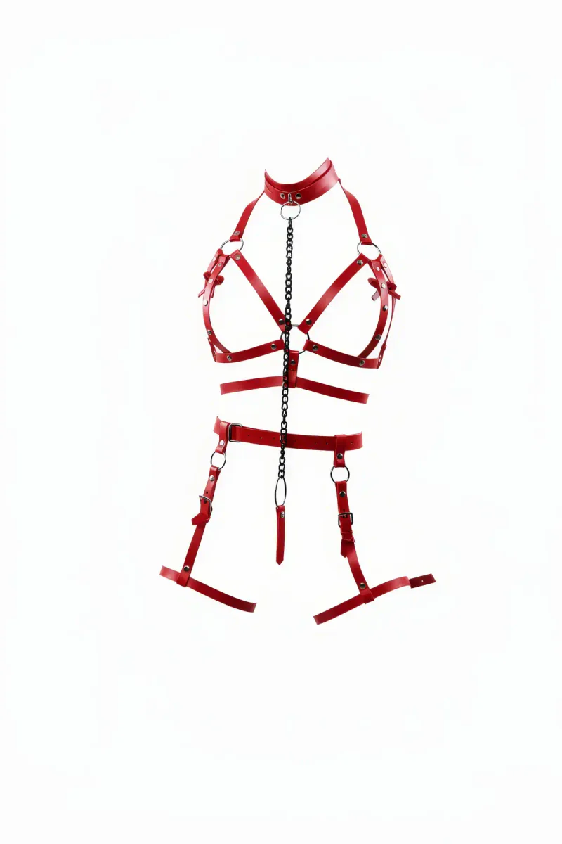 Red Faux Leather Body Harness with Choker Chain Detail and Thigh Garters