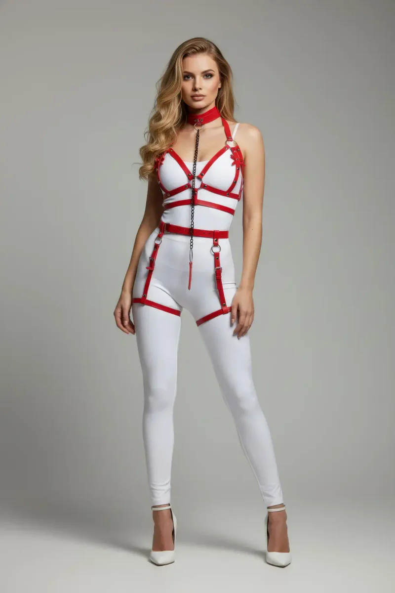 Red Body Harness with Leg Garters Front
