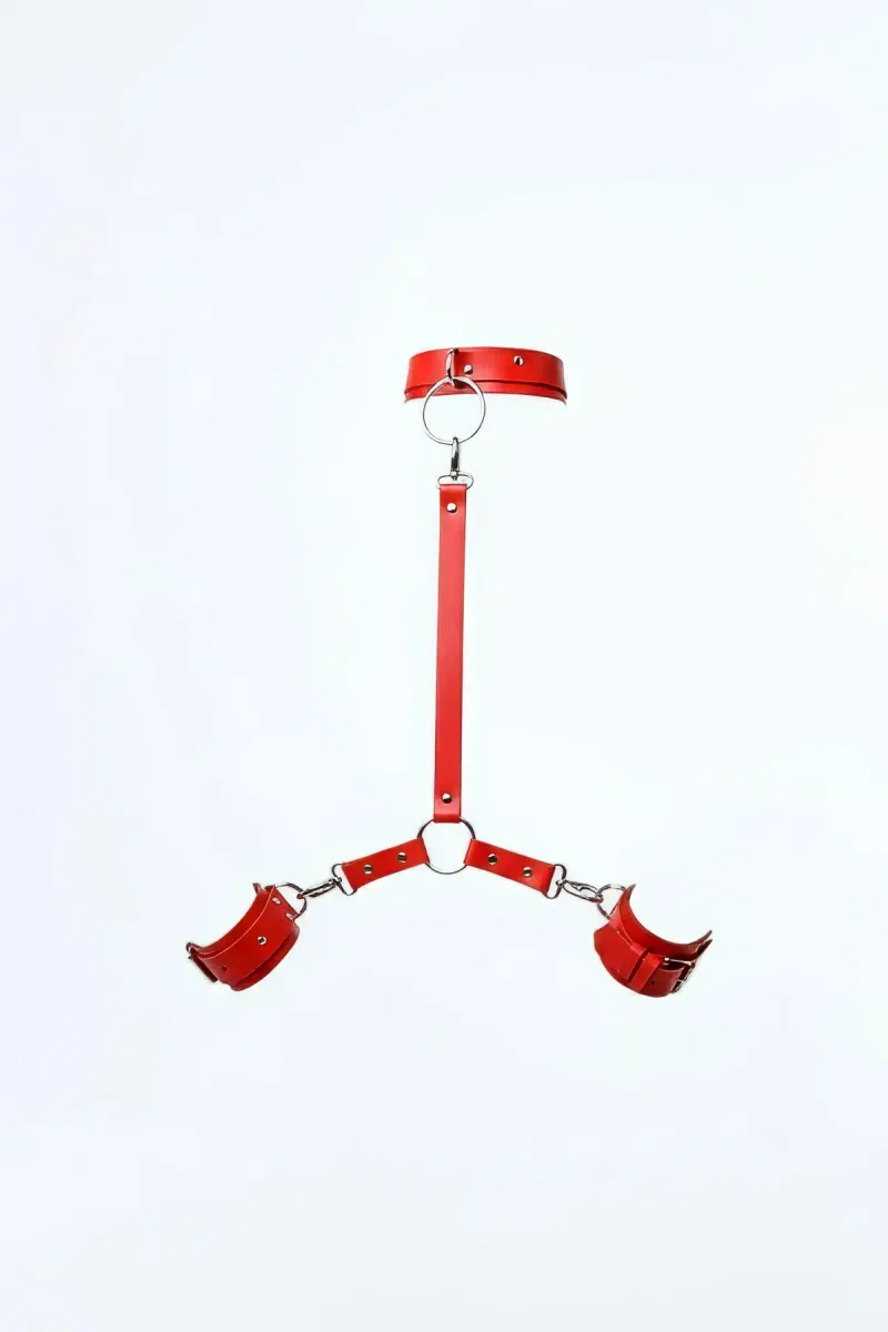 Red Faux Leather Collar and Wrist Cuff Set with Connecting Strap