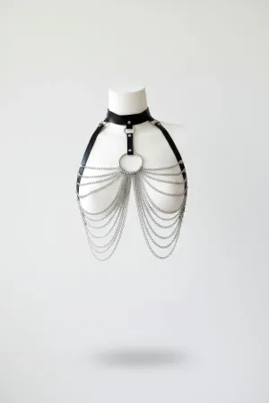 Black Faux Leather Chain Draped Chest Harness with Silver O-Ring