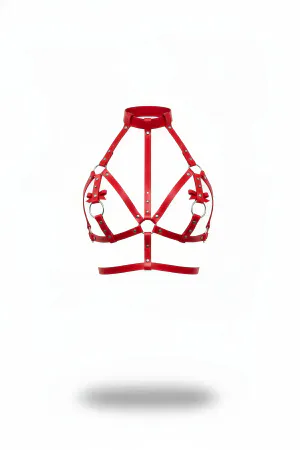 Red Chest Harness Leather High Collar with Bow - APFT473