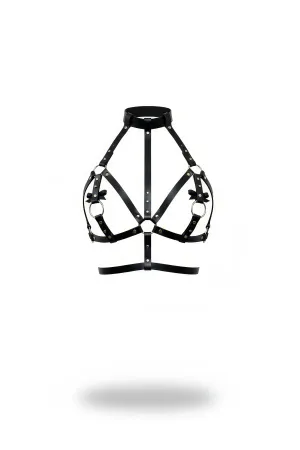 Black Chest Harness Faux Leather Bow Detailed High Collar - APFT473