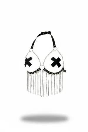 Black Chest Harness with Chain Detail and Cross Pattern - APFT477