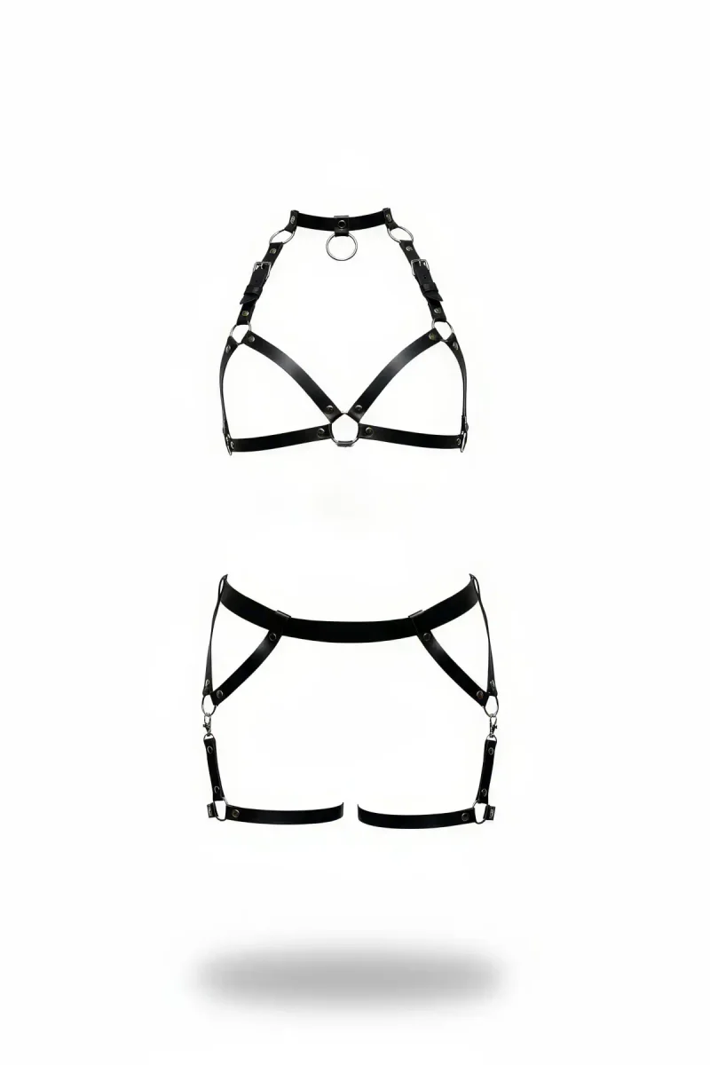 Black Faux Leather Harness Set Women Halter Bra O-Ring Garter Skirt