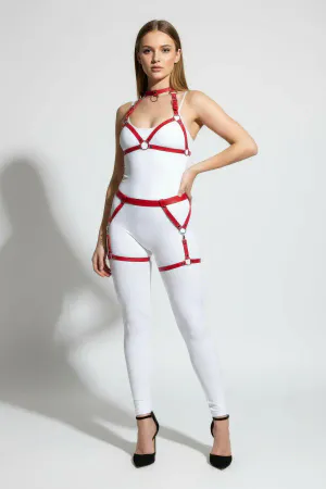 Red Harness Suit Leather Metal Ring Detailed Body Accessory - APFT478