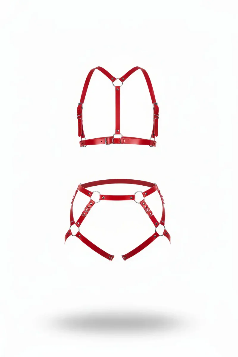Red Faux Leather Body Harness Set Adjustable Straps Silver O-Rings