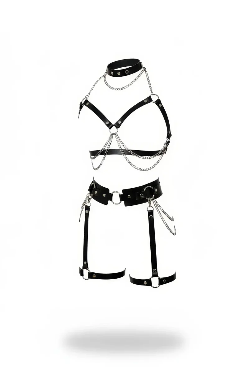 Black Faux Leather Full Body Harness Set with Garter Straps and Silver Chains