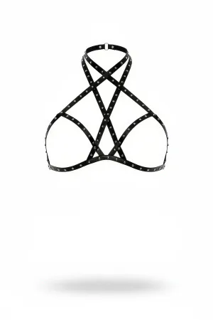 Black Chest Harness Cross Leather with Staple Detail - APFT501