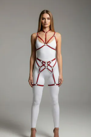 Red Garter Harness Leather Ring Detailed Neck Collar Body Accessory - APFT507