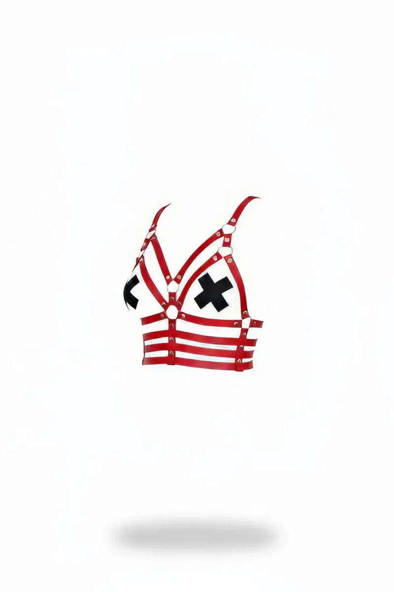 Red Faux Leather Bustier Harness with Black Cross Detail