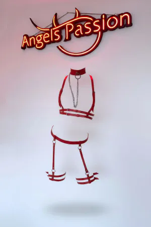 Red Faux Leather Full Body Harness Set with Silver Chain and Garter Straps Adjustable