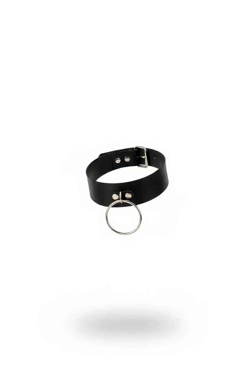 Black faux leather choker necklace with silver O-ring detail