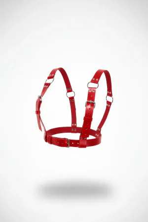 Faux Leather Chest Harness Red Adjustable Strappy Design Silver Hardware
