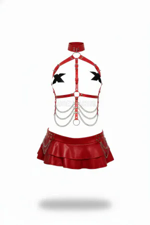 Red Women's Belt Chain Detailed Leather Body Harness - APFT531
