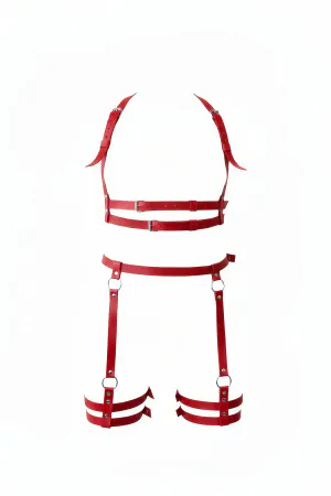 Red Faux Leather Full Body Garter Harness with Silver Buckles and O-Rings