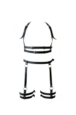 Black Faux Leather Full Body Harness for Women with Adjustable Straps and Silver O-Ring Thigh Garters