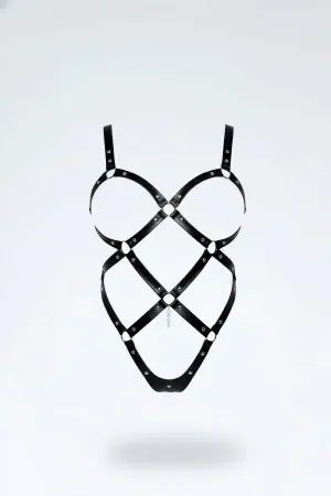 Body Harness Black Leather - Adjustable Strappy Studded Design