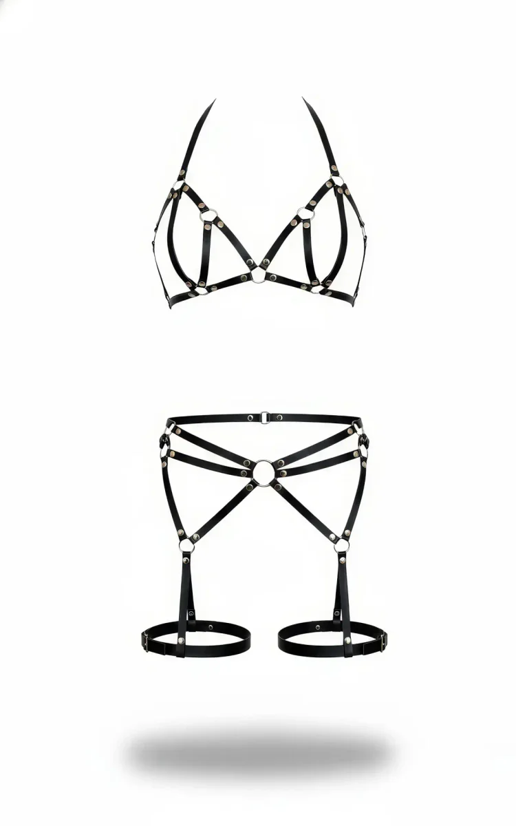 Black Faux Leather Strappy Harness Bra and Garter Belt Set with O-Rings