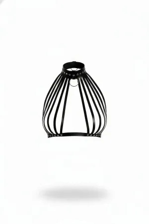 Black Faux Leather Body Cage Harness with Studded High Collar and O-Ring