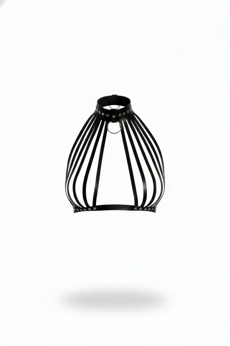 Black Faux Leather Body Cage Harness with Studded High Collar and O-Ring