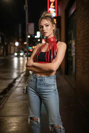 Red Faux Leather Chest Harness Studded O-Ring Choker White Crop Top Street