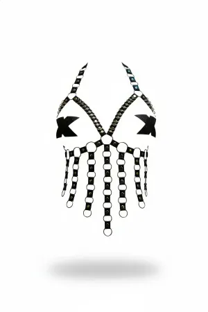 Black Chest Harness Chain Detailed Metal Ring Body Accessory - APFT567