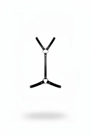 Black Faux Leather Y-Style Body Harness with Silver O-Rings, Front View