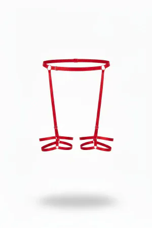 Red Adjustable Garter Harness Women Elastic Webbing Silver O-Rings Strappy Leg Bands