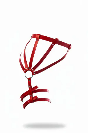 Red Faux Leather Caged Hip Garter Harness with Silver O-Ring Detail and Rivets on White Background