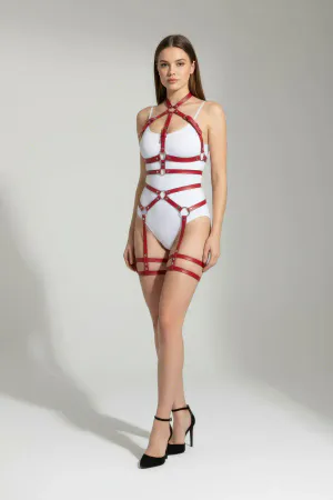Red Harness Suit with Body Bandage and Metal Ring Detail - APFT598