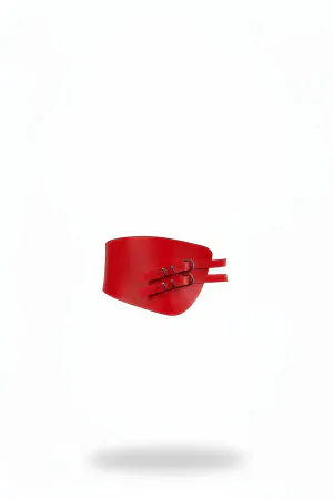 Red Faux Leather Waist Harness with Double Buckles, flat lay against white background