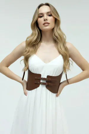 Brown Women's Belt Wide Buckle Leather Corset Belt - APFT605