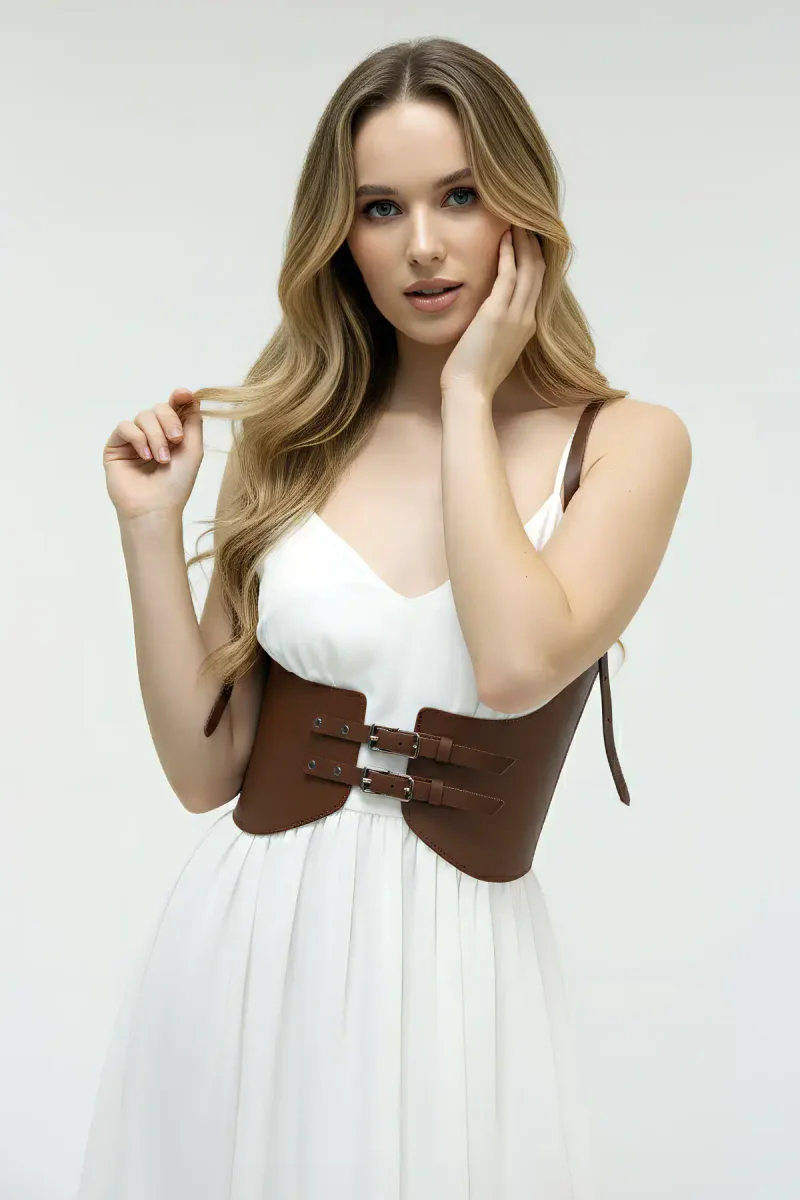 Brown Women's Belt Wide Buckle Leather Corset Belt - APFT605