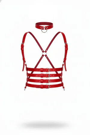 Red Women's Belt Cross Detailed Multi-Buckle Harness - APFT609