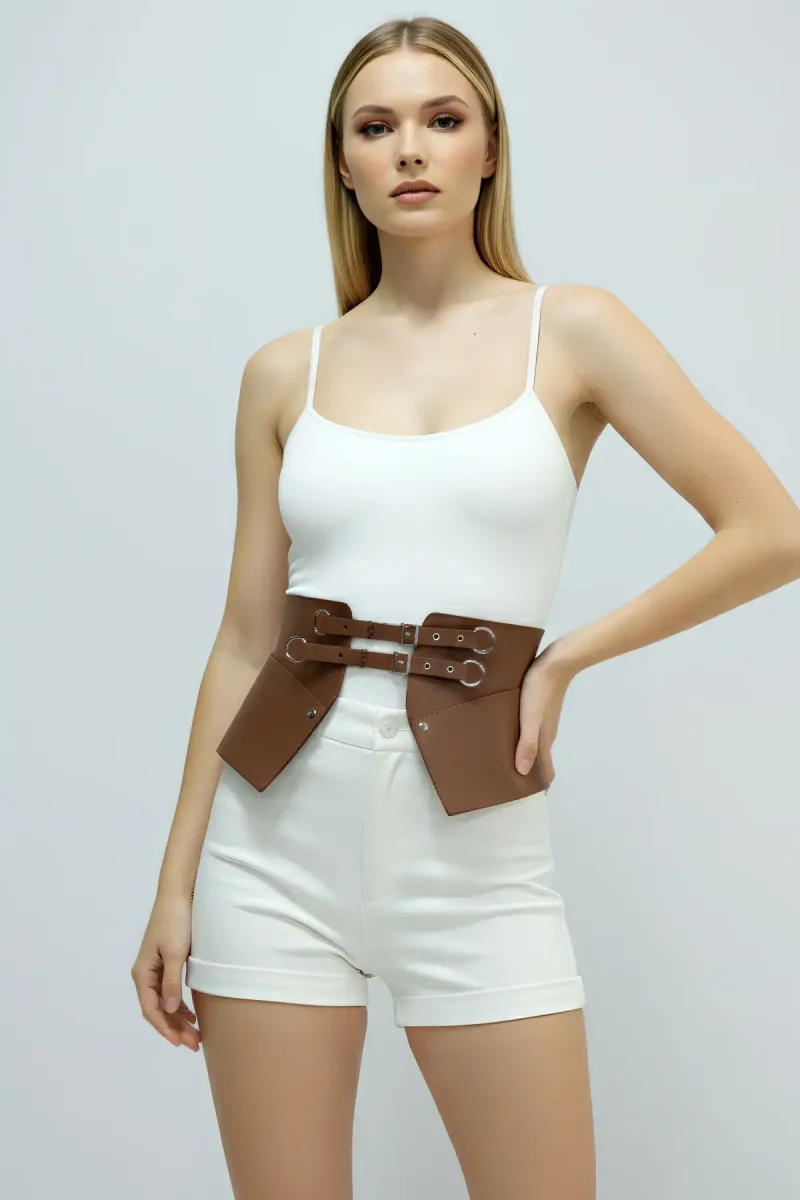 Tan Women's Belt Faux Leather Double Buckle Thick Belt - APFT611