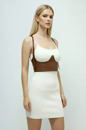 Tan Women's Belt Corset Cut Shoulder Detail Faux Leather - APFT614