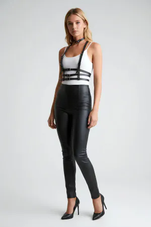 Black Faux Leather Multi-Strap Chest Harness with Choker and Silver Buckles