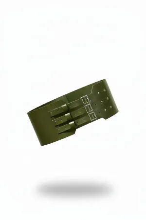 Khaki Faux Leather Corset Belt with Three Silver Buckles Wide Waist Cincher