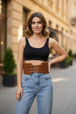 Tan Women's Belt Thick Three-Buckle Wide Waist Accessory - APFT618