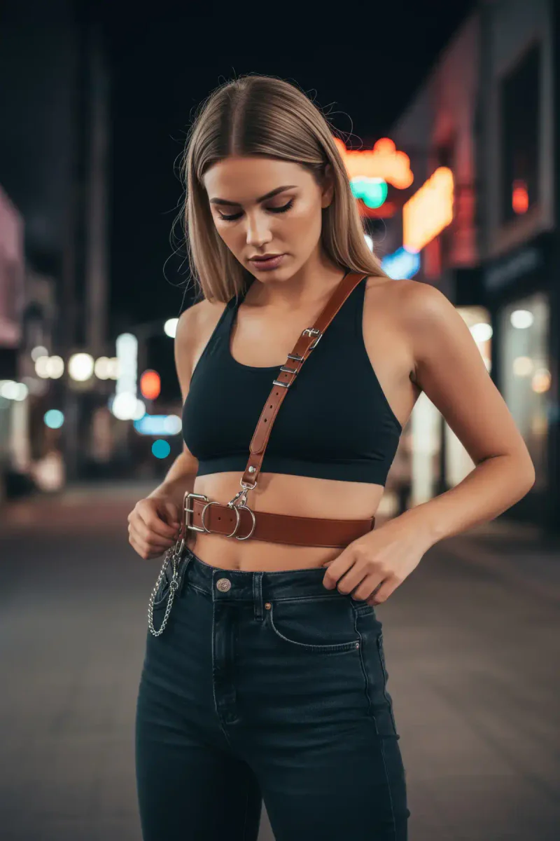 Tan Vegan Leather Shoulder Harness with chain