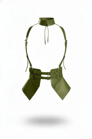 Olive Faux Leather High Collar Body Harness with Shoulder Straps and Detachable Structured Hip Panels