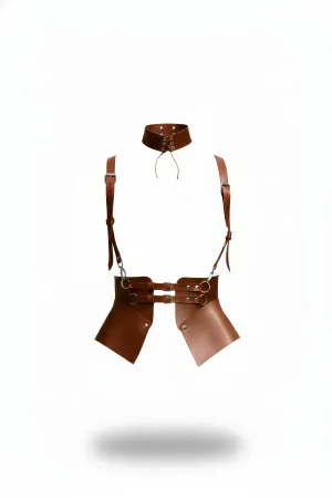 Tan Faux Leather Harness Set with Choker Hip Drapes