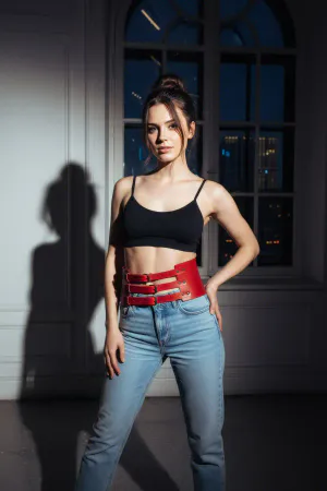 Red Women's Belt Thick Three-Buckle Waist Accessory - APFT624