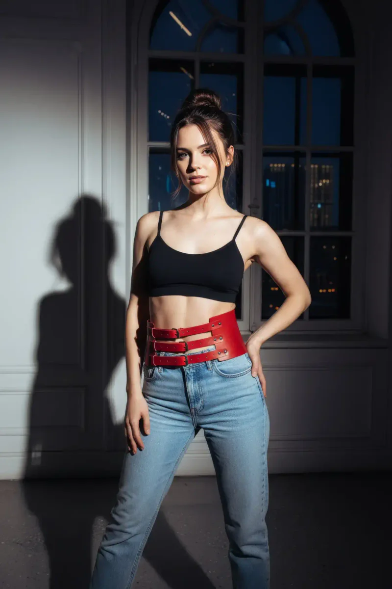 Red Women's Belt Thick Three-Buckle Waist Accessory - APFT624