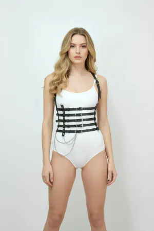 Black Women's Belt Chain Detailed Multi-Strap Corset Waist Accessory - APFT626