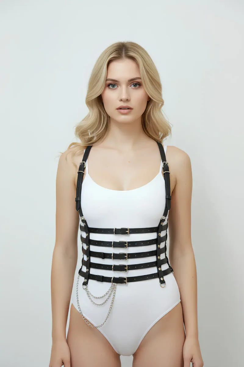 Black Women's Belt Chain Detailed Multi-Strap Corset Waist Accessory - APFT626
